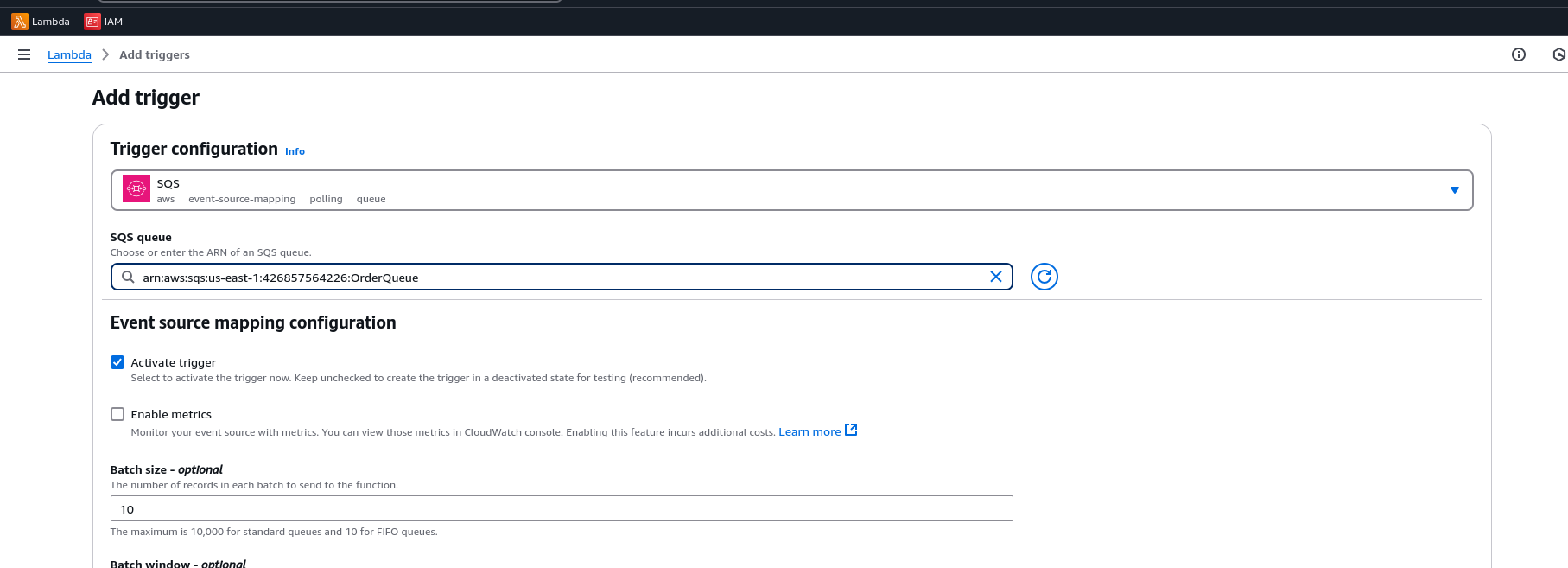 Adding SQS Trigger to lambda