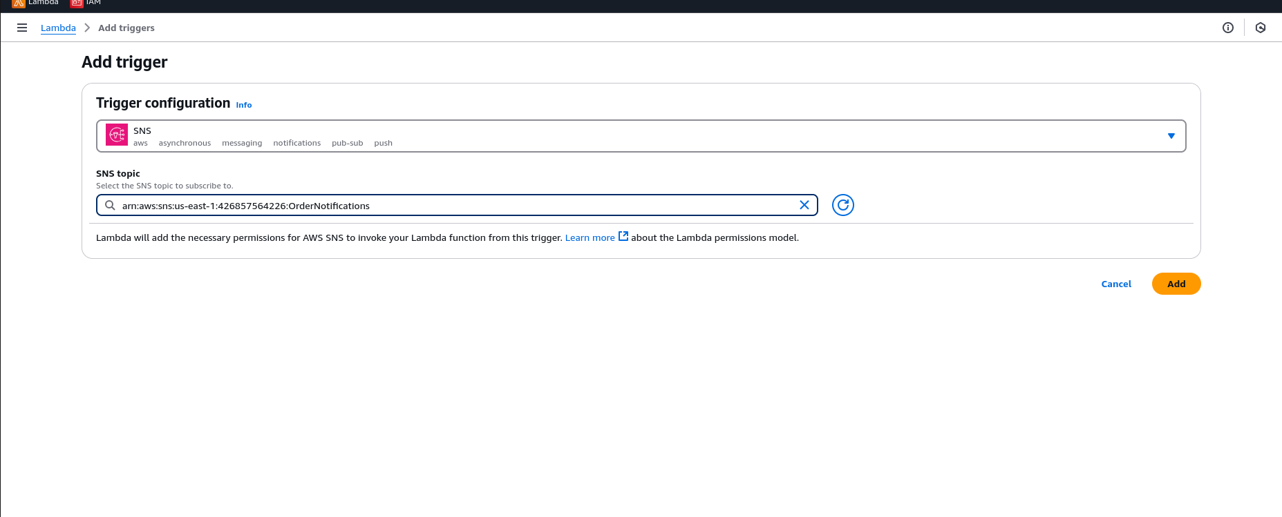 Adding SNS trigger in lambda
