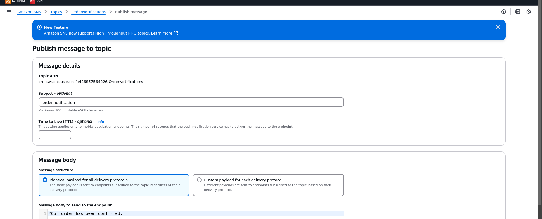 Publishing message in SNS topic